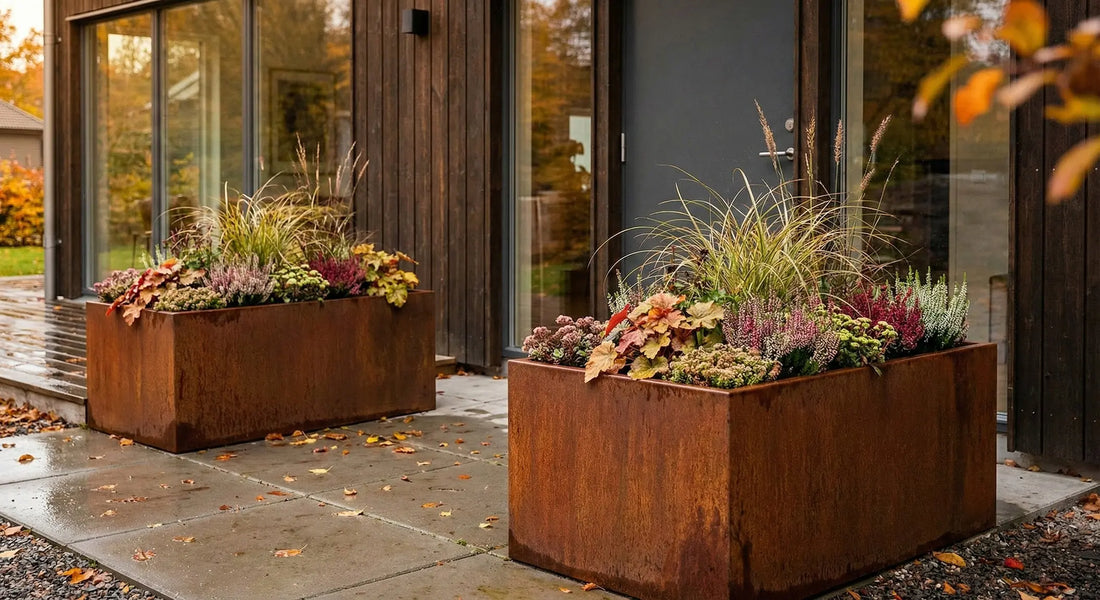 Designplåt Odlingslåda Corten 120x80x60 Entré plantor side