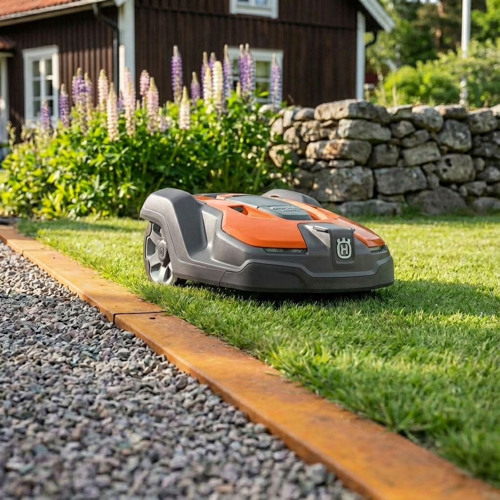 En installerad rabattkant i cortenplåt som avgränsar gräsmatta från gången