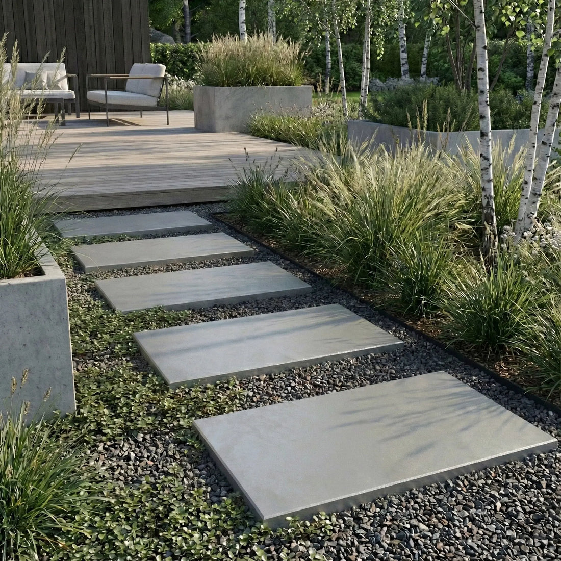 Markplatta galvaniserad i en modern svensk trädgård med rabattkanter