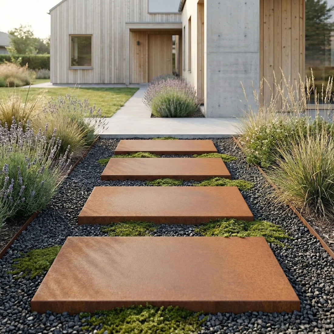 Markplattor i corten med rabattkanter som leder till en entré