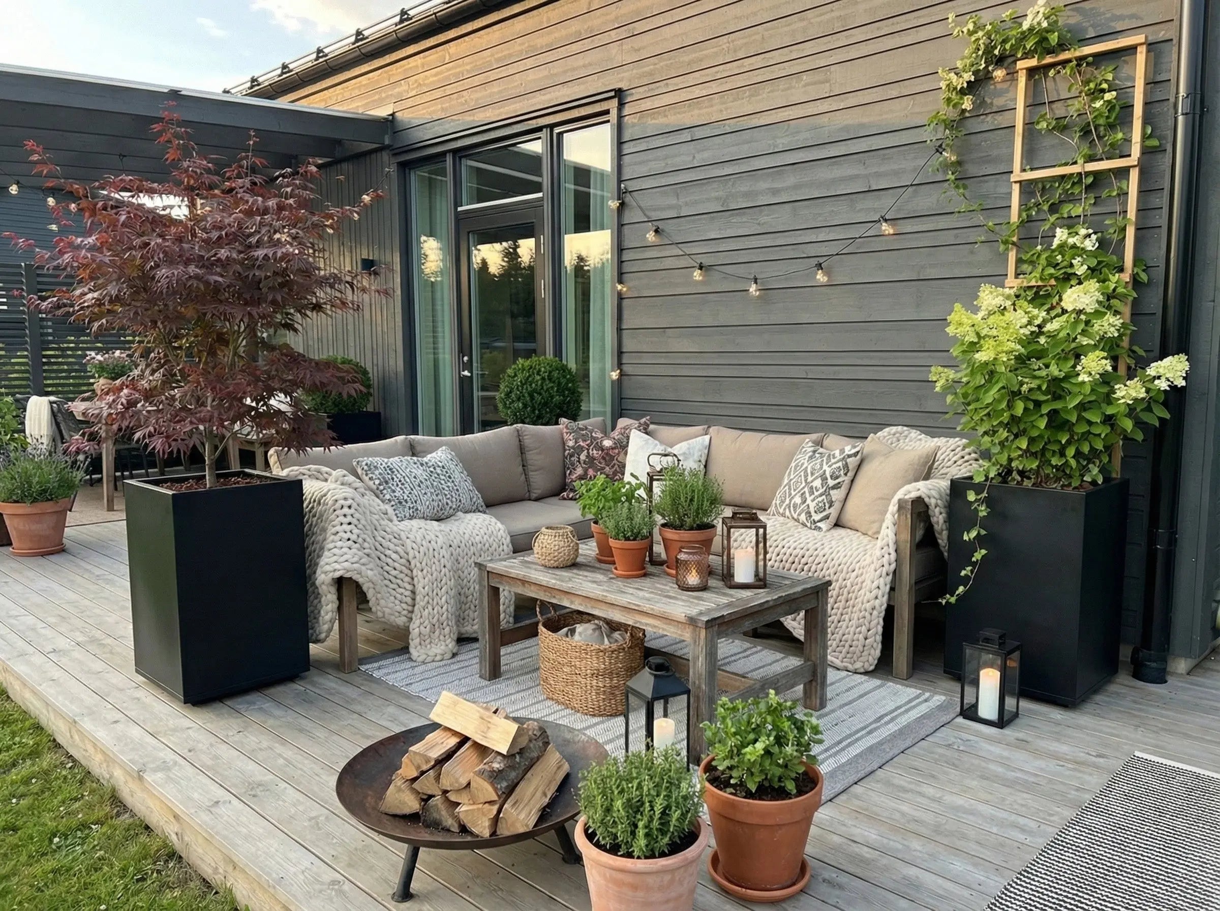 Svart Plantbox planteringskärl rumsavdelare altan loungegrupp eldfat Designplåt