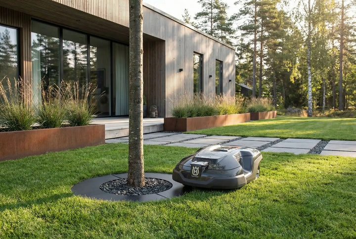 Robot trädring med en gräsklippare i en svensk trädgård