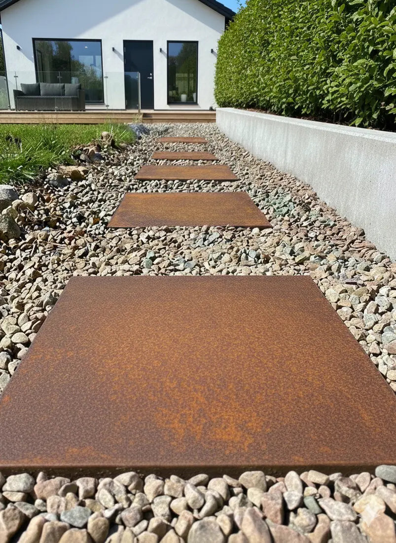 Markplatta i en svenskträdgård i en vacker cortenplåt